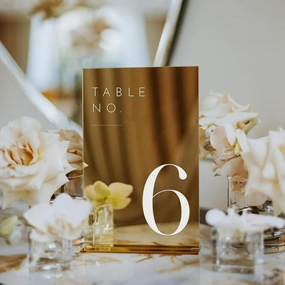 JINMURY Gold Wedding Table Numbers 1-10 with Stands, 5"x7" Gold Mirror Acrylic Table Numbers, Perfect for Wedding Reception, Party, Anniversary, Event
