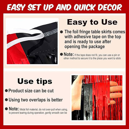 3 Pack Black and Red Foil Fringe Table Skirts Metallic Tinsel Streamers Garland Banner Backdrop for Table Decor, Parade Float, Birthday, Wedding, Halloween, Christmas Party Decorations(29x108 In)