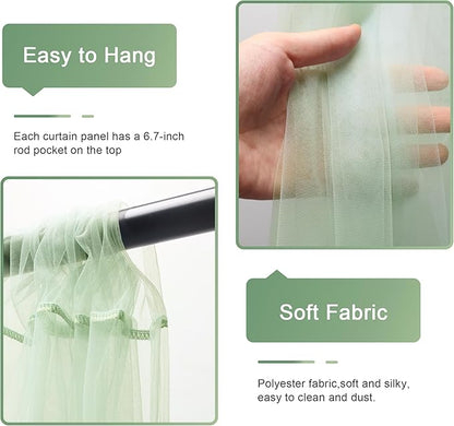 Tulle Backdrop Curtain with Lights String 10FT X 10FT Sage Green Sheer Tulle Backdrop Curtains for Wedding Birthday Party Reception Photo Booth Background Decorations (2 Panels 5x10FT)