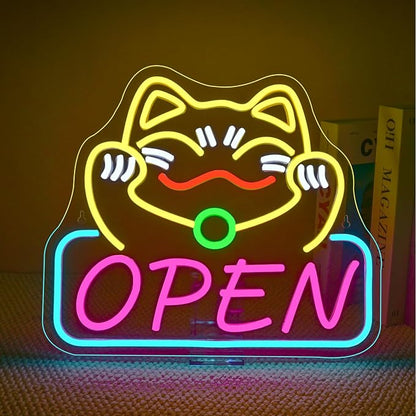 Ineonlife Lucky Cat Open Neon Sign Cute Cat Neon Signs for Wall Decor Dimmable Led Light for Used in Restaurants Ramen Shops Izakaya Sushi Restaurants Shop Decorations Business Opening Gift