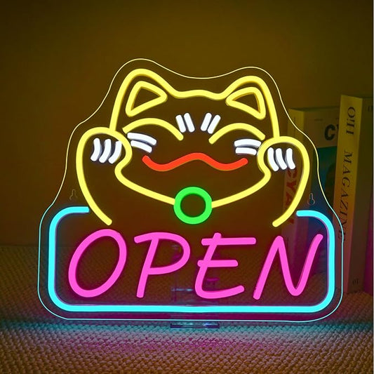 Ineonlife Lucky Cat Open Neon Sign Cute Cat Neon Signs for Wall Decor Dimmable Led Light for Used in Restaurants Ramen Shops Izakaya Sushi Restaurants Shop Decorations Business Opening Gift