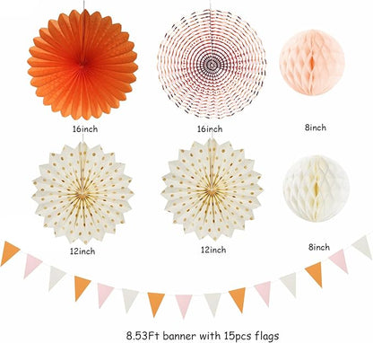 Beige-Orange Peach Fall-Boho Hanging Party-Decorations - 20pcs Autumn Friendsgiving Baby Shower Paper Lanterns Fans,Tissue Pom Poms,Honeycomb Balls,Thanksgiving Wedding Bridal Birthday Decor Burgleda