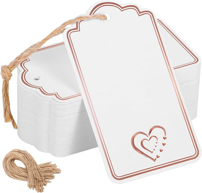 120 PCS Gift Tags with String Attached Foil Rose Gold Heart Paper Tags Writable Blank Tag for Gift Bags Wedding Baby Shower Birthday Presents Labeling DIY Craft Project Stocking Stuffers 3.5''×2''