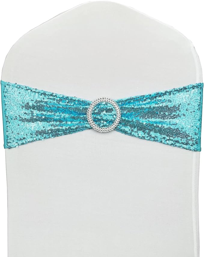 100 Pcs Chair Sashes Sequin Stretch Chair Bands Spandex Polyester Bows for Party Hotel Wedding Banquets Decoration - Aqua