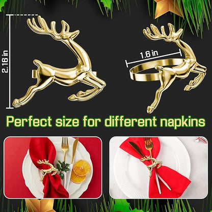 ZeeDix Gold Reindeer Christmas Napkin Rings Set of 8, Napkin Holder Ring for Christmas Dinner Table Decor Cloth Napkins, Wedding Receptions, Holiday Party, Banquet and Home Kitchen