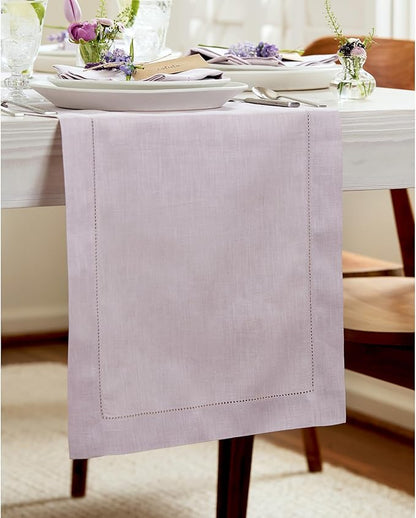 Solino Home Linen Table Runner 36 Inches - 100% Pure Linen Lilac Hemstitch Table Runner 14 x 36 Inch Ideal for Dresser and Coffee Tables - Classic Hemstitch