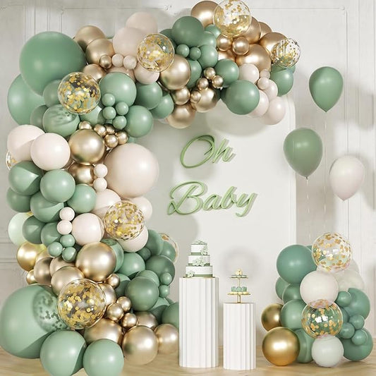 Sage Green Balloon Arch Kit, 141pcs Sage Green Gold Sand White Balloons for Wedding Engagement Anniversary Bridal Shower Baby Shower Birthday Jungle Safari Party Decorations