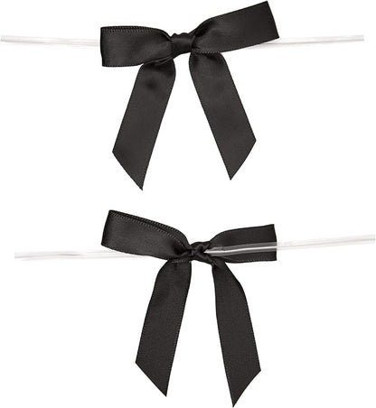 Juvale Gift Bows with Twist Ties - Mini Bows for Crafts & Wrapping - Pre-Tied Satin Polyester Ribbon for Treat Bags & Balloons - 3-Inch, Black, 100 Pack