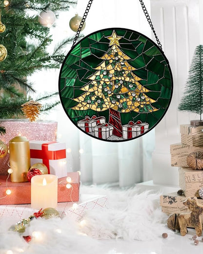 Stained Glass Window Hanging - Golden Christmas Tree Suncatcher for Doors Home Christmas Decoration Winter Sun Catcher Thanksgiving New Year Birthday Gifts for Women Men Mom Nana Girl 9.8 in