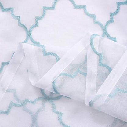 Blue Sheer Curtains 84 Inches Long, Moroccan Embroidered Rod Pocket Sheer Drapes for Living room, Bedroom, 2 Panels, 52"x 84", Semi Crinkle Voile Window Treatments for Yard, Patio, Villa, Set of 2.