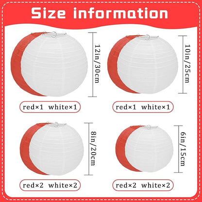 12Pcs Round Paper Lanterns Assorted Sizes (6" 8" 10" 12") for Home Decor, Restaurant, Church, Wedding, Birthday Party Decorations, Hanging Chinese Japanese Paper Lantern Lamps (White and Red)
