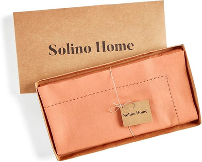 Solino Home Linen Tablecloth 60 x 132 Inch - Classic Hemstitch 100% Pure Linen Coral Table Cloth for Rectangle Tables - Machine Washable Tablecloth