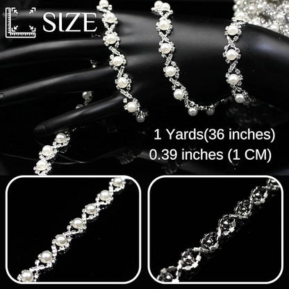 1 Yard Pearl Trim Chain Rhinestone Silver String Crystal Applique Fringe Ribbon Strips Beads Sewing Dress DIY Party Wedding Bouquet for Decoration Bridal Costume Embellishment
