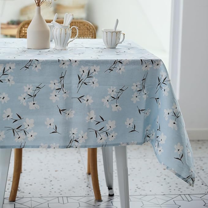 Pastoral Rectangle Tablecloth - 60 x 84 Inch - Linen Fabric Table Cloth - Washable Table Cover with Dust-Proof Wrinkle Resistant for Restaurant, Picnic, Indoor and Outdoor Dining, Floral (Light Blue)