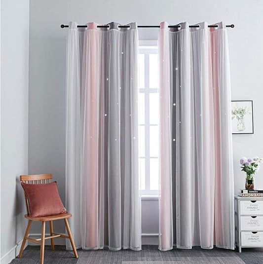 FANLI Ombre Rainbow Blackout Curtains for Kid Girls Bedroom Living Room Darking Stripe Double Layer Star Cut Out Wall Home Decor Gradient Grommet Window Curtains (Pink/Grey, 52W x 63L)