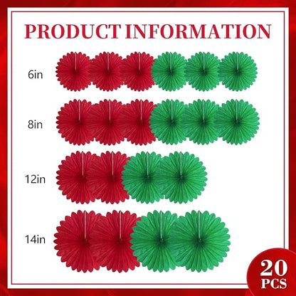 20 Pcs Red Green Hanging Paper Fan, Hanging Honeycomb Round Paper Fans for Weddings, Birthdays, Christmas, Baby Showers, Classroom, Events Ceiling Party Supplies Decorations