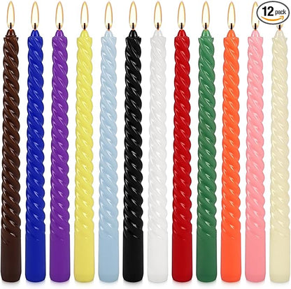 12-Pack 12-Color Spiral Taper Candles - 10 Inch Dripless & Long-Lasting Burn, Decorative Twisted Candles for Wedding, Birthday, Christmas, Home Decor, Party Supplies (Premium Wax, Unscented)