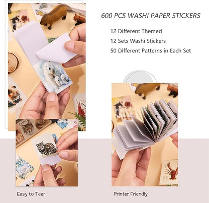 12 Sets 600 Sheets Washi Stickers Book for Journaling, Jungle Animal Sticker, Wild Zoo Sea Animal Aesthetic Scrapbook Dinosaur Sticker Set for Bullet Journal Card Craft Gift Rewards for Kid Notebook