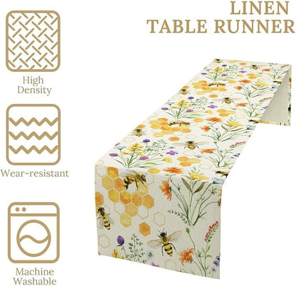 Summer Bee Table Runner, Seasonal Spring Wildflowers Bee Yellow Honeycombs Farmhouse Table Runner for Kitchen Dining Table Home Party Decor, 13x120inch