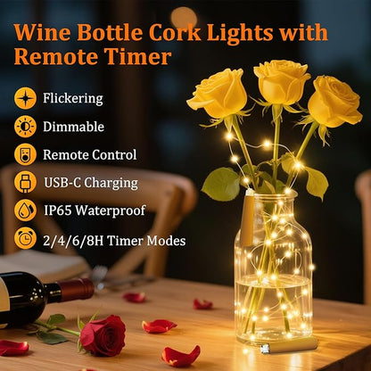 PChero USB Rechargeable Wine Bottle Lights with Cork & Remote Timer, 6 Pack 20 LED 6.6 ft Fairy String Lights for DIY Party Wedding Christmas Halloween Festival Bar Decoration