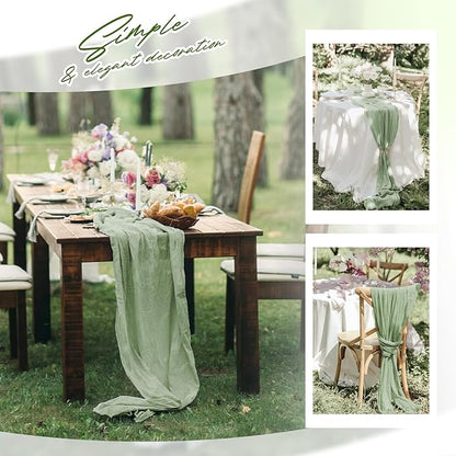 Aktor 4 Pack Sage Green Table Runner Boho Cheesecloth Table Runner Semi Sheer Gauze Fabric Runners for Wedding Birthday Baby Shower Party Boho Table Decoration（Sage Green）