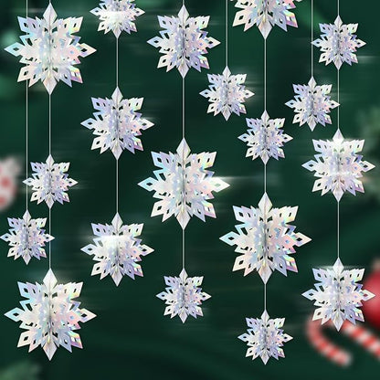 Benbilry 3D Hanging Snowflake Decorations for Christmas Tree, 24pcs 3 Size Winter Wonderland Decorations for Frozen Birthday Party, Christmas Home Decor - Iridescent