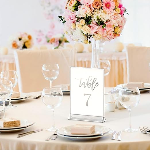 NIUBEE 6Pack 5x7 Clear Acrylic Sign Holder with Sliver Borders and Vertical Stand, Double Sided Table Menu Holders Picture Frames for Wedding Table Numbers, Restaurant Signs, Photos and Art Display