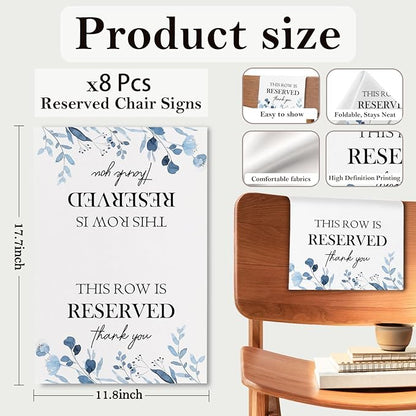 Reserved Seating Chair Signs, This Row Is Reserved Pew Cloths Seating Placeholder for Church Pews, Wedding Decorations for Reception Parties Celebrations Event Meetings (8 PCS, Dusty Blue)