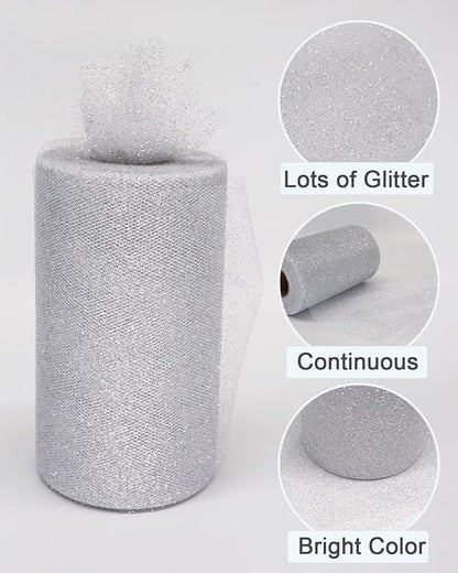Glitter Tulle Fabric Rolls, 6 Inch 50 Yards (150ft) Sparkling Spool Ribbon Sequin Netting for Tutu Skirt Gift Wrapping Wedding Party Decoration (Silver)