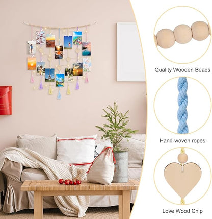 Boho Macrame Wall Decor with Hanging Photo Display and Fairy Lights 14 Wood Clips Picture Frame Holder for Teen Girl Gifts Bedroom Dorm Decor Christmas Birthday Party Art Hanging Decor