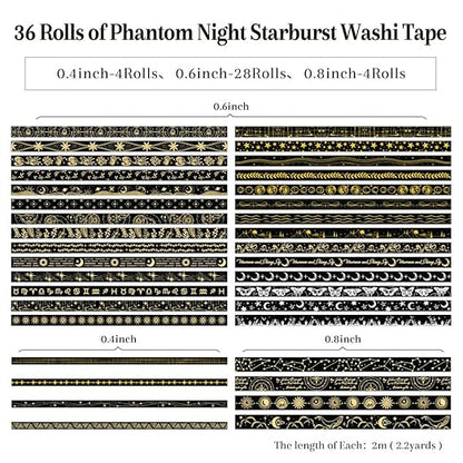 36 Rolls Glow-in-The-Dark Starry Washi Tape Set with Gold Foil Celestial Patterns - Writeable Decorative Tapes for Scrapbooking, Bible Journaling, Bullet Journals 0.6" x 79" per Roll