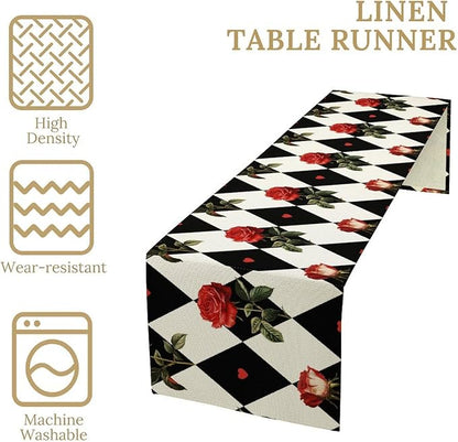 Vintage Rose Table Runner, Red Rose Hearts Black White Checkered Background Table Runner for Kitchen Dinning Table Runner Decor Home Wedding Party Holiday, 13x120 Inch