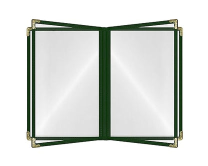 Goodsmart Restaurant Menu Covers – 25 Pack Green 8-View Booklet 8.5" x 14", Side-Loading Vinyl & Plastic Menu Holders, Clear Menu Sleeves, Leather-Style Café Covers with Gold Corners