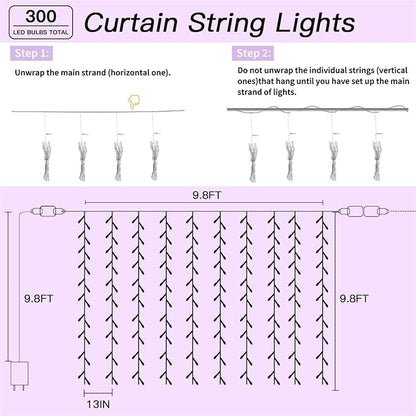 300 LED Rainbow Curtain String Lights 9.8 * 9.8FT Plug in Fairy with Timer and 8 Modes, Waterproof Window Wall Lights for Bedroom Wedding Party Indoor Outdoor Christmas Decor