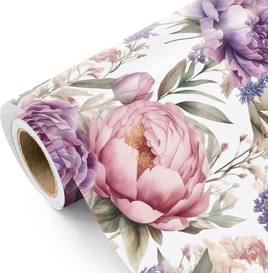 WRAPAHOLIC Floral Wrapping Paper Roll - Mini Roll - 17 Inch x 33 Feet - Purple Flower Wrapping Paper, Perfect for Girls Women Birthday, Wedding, Bridal Shower