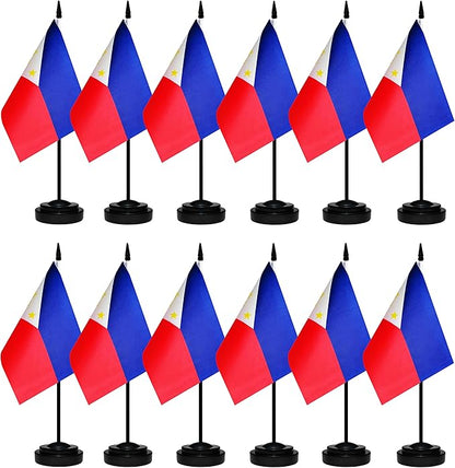 12 Pack Philippine Desk Flags Set, Philippine Small Mini Table Office Flags with 12" Solid Black Pole, 8.2 x 5.5 Inches, Home and Office Decoration, Festival Celebrations