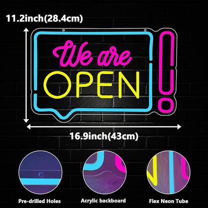 Open Neon Sign for Business, We Are Open Led Neon Light Signs for Store Shop Bar Café Restaurant Wall Decor Bright Advertisement Sign for Window Dimmable USB Powered(16.9"*11.2")