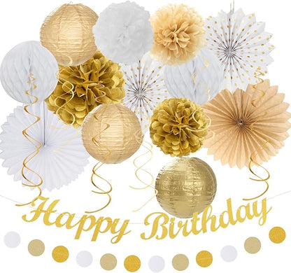 White Champagne Gold Birthday Party-Decorations - 21pcs Happy Birthday Banner,Paper Lanterns,Tissue Pom Poms Flower Fan,Honeycomb Ball,Swirl Streamers Garland Supplies Women Men Decor Huglony