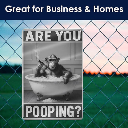 Bathroom Decor Wall Art – Funny Chimpanzee in Bathtub Tin Sign, 8x12 Inch Black and White Vintage Metal Wall Art, Humorous Animal Bathroom Sign for Restroom or Farmhouse (Sign-030)