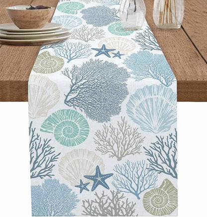 Coastal Coral Cotton Linen Table Runner for Dining Kitchen, Wedding Outdoor Party Tablerunners Decoration, Blue Nautical Starfish Ocean Shell Beach Dresser Scarf Coffee Tablecloth Runners 13x72 Inches