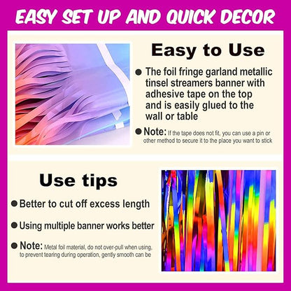 6 Pack 10 Ft Rainbow Foil Fringe Garland Metallic Streamers Tinsel Banner Wall Hanging Garland Backdrop for Parade Floats, Halloween, Christmas, Thanksgiving, New Year Party Decorations