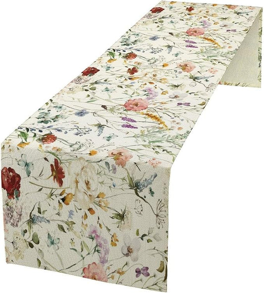 Floral Butterfly Table Runner,Rustic Colorful Flower Botanical Watercolor Pattern Print Burlap for Hotel Indoors Outdoor Dining Room Kitchen Holiday Party, 13x36in