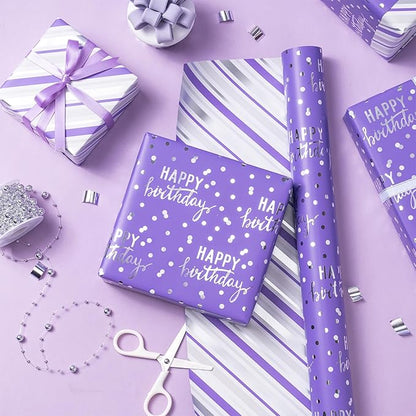 LeZakaa Purple Birthday Wrapping Paper Roll for Girls Women, Happy Birthday Lettering & Stripe Reversible, Metallic Foil, Large Roll, 30 inches x 32.8 Feet (92.9 sq.ft.)