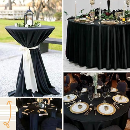 fani 12 Pack 120 Inch Black Satin Tablecloth - Premium Bright Silky Round Tablecloth Overlay Smooth Fabric Table Cover, Table Decoration for Wedding Party Banquet Events Restaurant Kitchen Dining