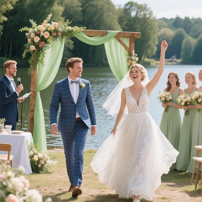 VOK Sage Green Wedding Arch Draping Fabric 29in x 18Ft 4 Panels Sheer Chiffon Curtain Drapes Extra Long for Outdoor Wedding Ceremony Birthday Party Decoration