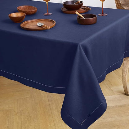 Solino Home Linen Navy Blue Tablecloth 60 x 144 Inch - Classic Hemstitch, 100% Pure Linen Rectangular Tablecloth - Machine Washable Table Cloth for Fall, Autumn, Thanksgiving, Christmas, Holiday