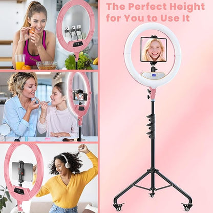 22" Foldable Ring Light with Stand for iPhone ipad, 75" Tripod with Wheels 50W 6500K LED Display/2 USB Ports Large Ringlight Rolling, Tattoo Barber Makeup Studio Video Photography Lighting(Pink)