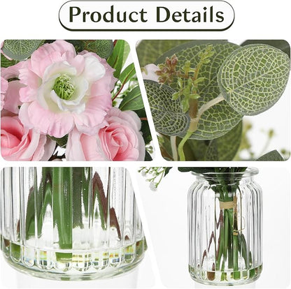 Hollyone Fake Flowers in Vase with Faux Water Artificial Silk Rose Flowers Arrangement with Eucalyptus Plants with Vase Faux Silk Rose Flowers Bouquets Table Centerpieces Office Bathroom Home Decor