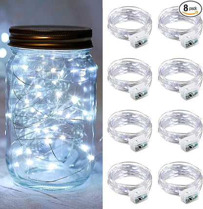 8 Pack White Fairy Lights 7Ft 20 LED Twinkle String Lights 3 Modes Battery Operated Waterproof Firefly Starry for Mason Jar Party Wedding Christmas Valentines Day Table Centerpieces,Cold White