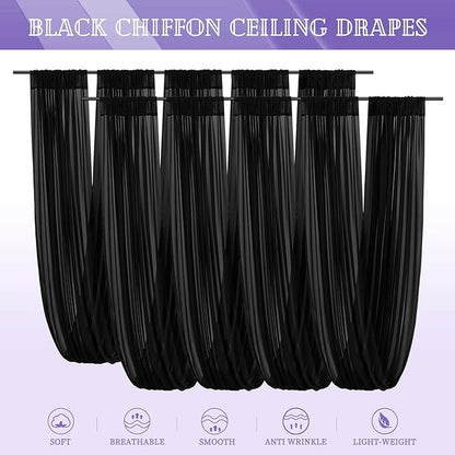 8 Panels Black Ceiling Drapes for Wedding 5ftx20ft Sheer Drapery Chiffon Fabric Arch Draping Curtains for Party Ceremony Birthday Baby Shower Reception Stage Ceiling Decorations